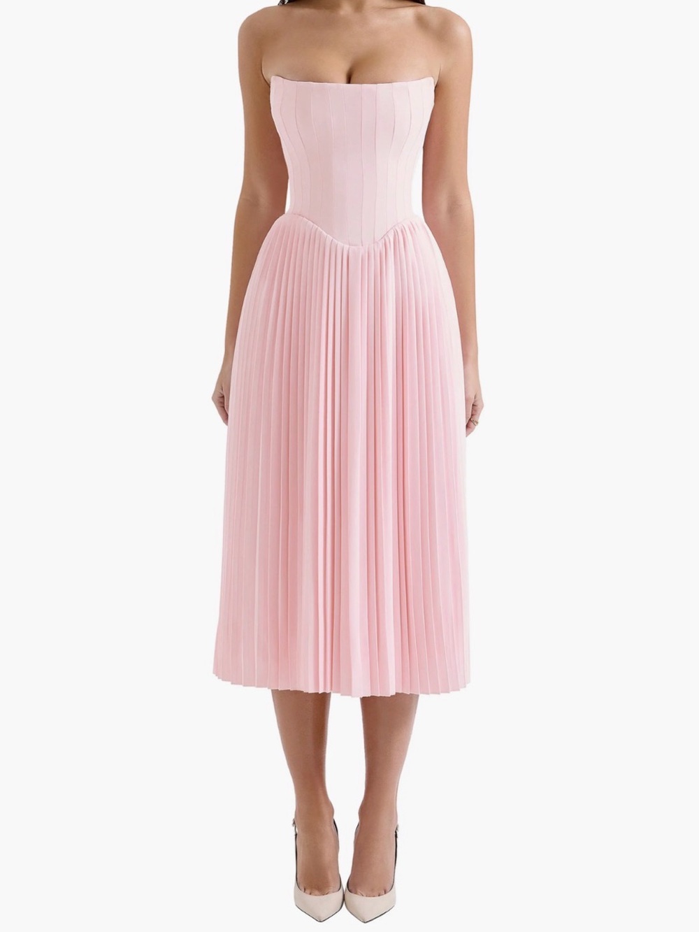 House of CB “Marci” Strapless Light Pink Pleated Midi Dress Corset Back